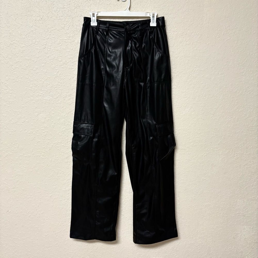 Madden NYC Womens Faux Leather Cargo Black Wide Leg Pull On Size M